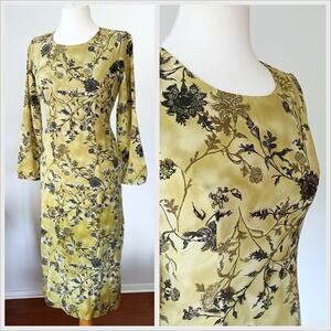 Vintage‎ 90s Green Black Floral Silk Midi Dress Long Sleeve Grunge // Size XS 0